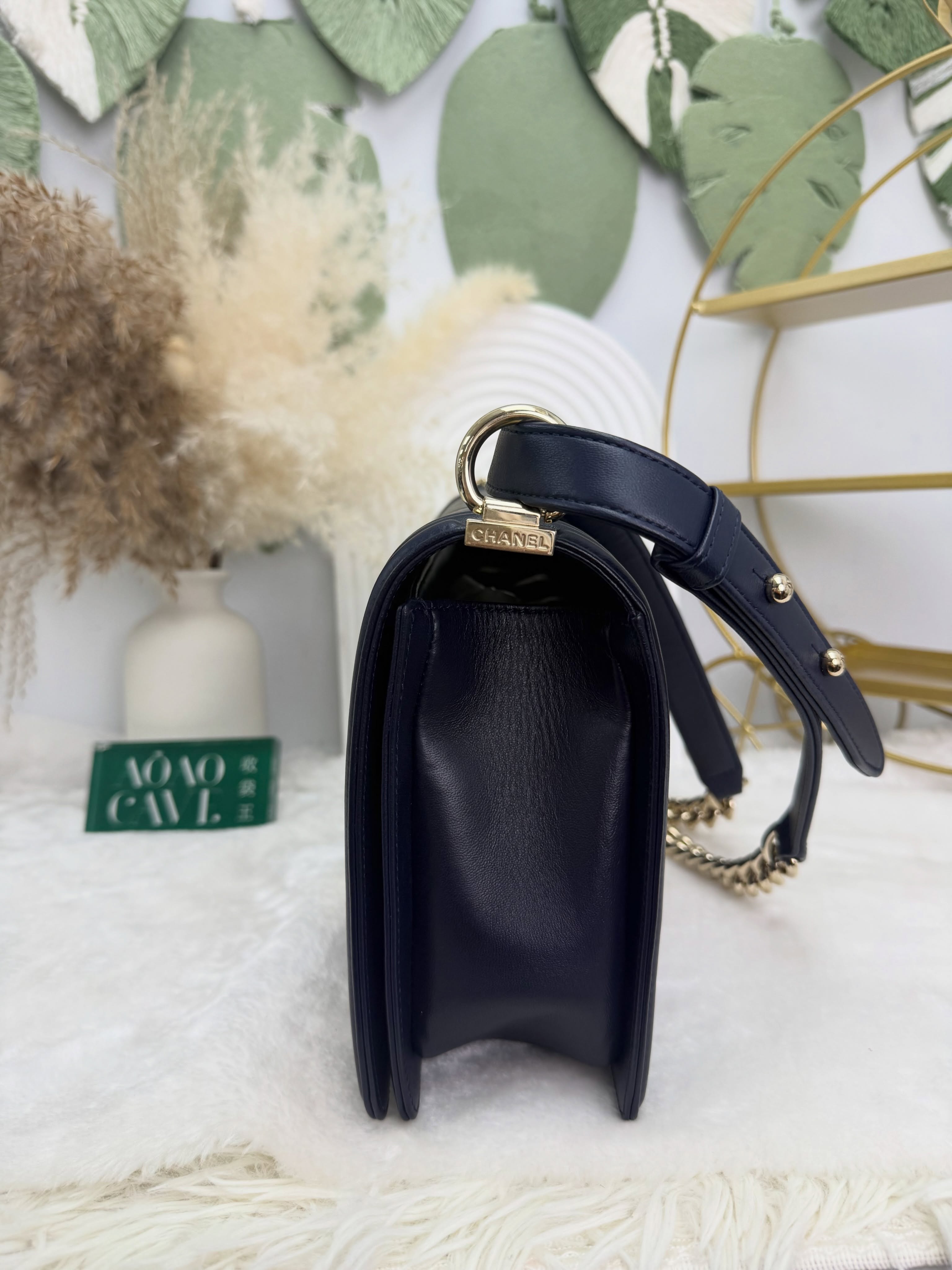 Chanel👜 PRE OWNED 🛍️藍色荔枝紋小牛皮菱格紋leboy 💙中大size 22開 有卡💼 