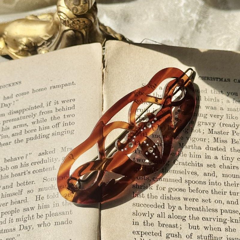 C.a.1950s–1960s Tortoiseshell-Style Celluloid Hair Barrette with Rhinestone Accents(NZ079)