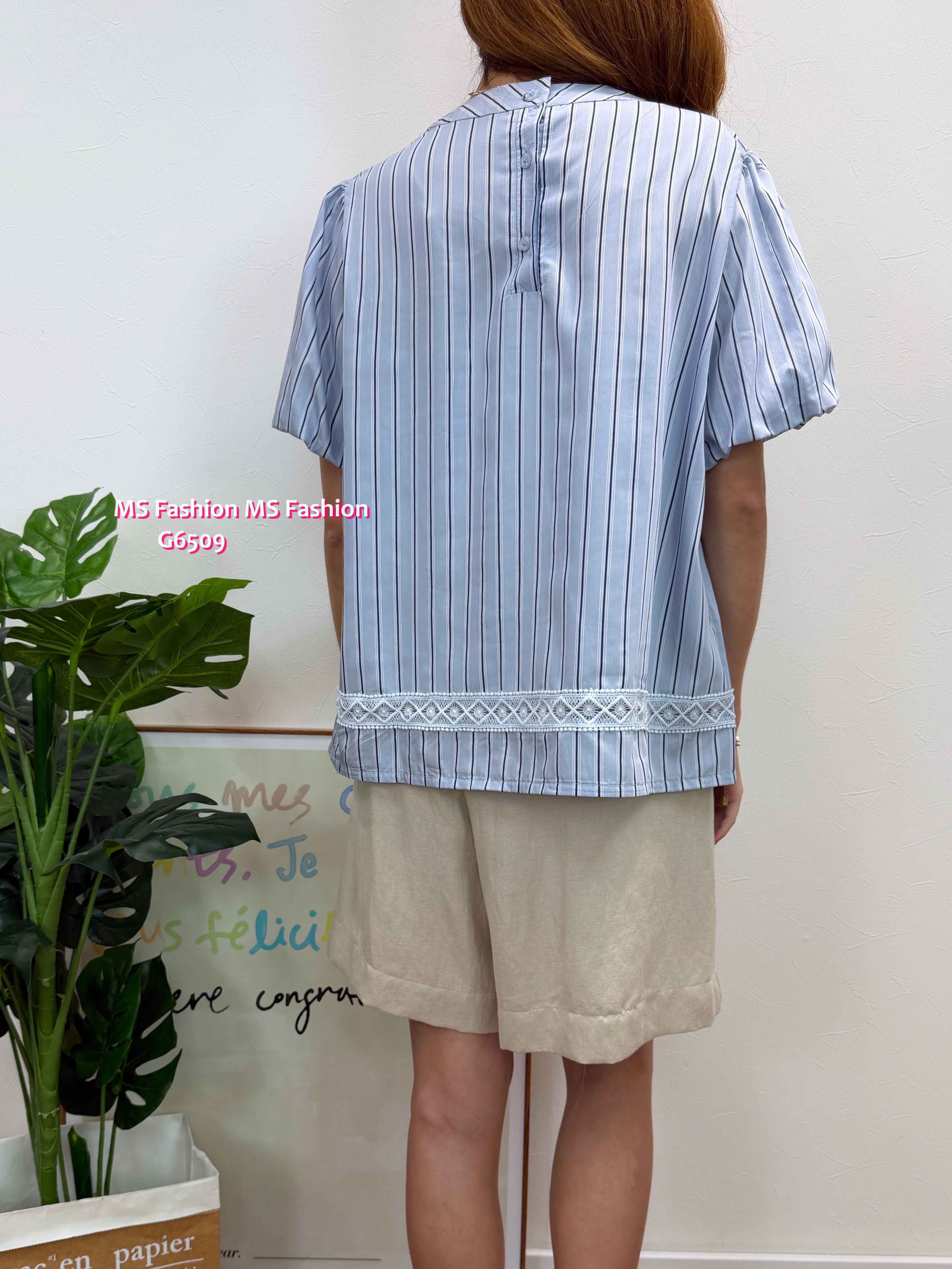 G6509 直紋泡泡袖娃娃top