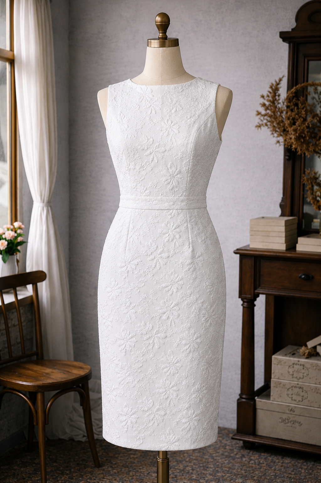 1960s Inspired Envelop-Back Cream X White Floral Jacquard Dress (FM241)