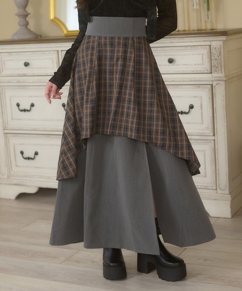 格子雙層開衩喇叭裙