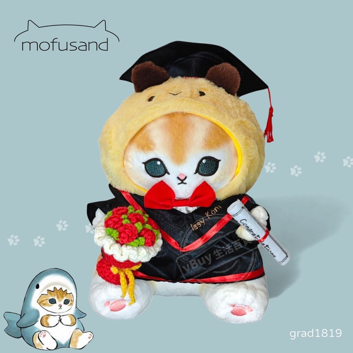 正版 鯊魚貓畢業公仔 • mofusand畢業公仔｜手織花束＋可加綉名｜生日禮物、畢業紀念推介【現貨發售】grad1819