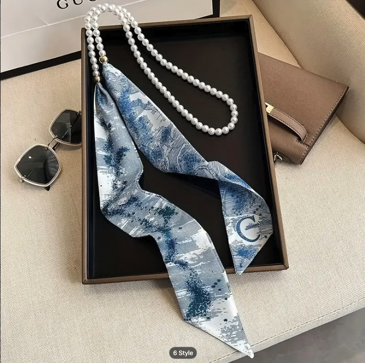 French Scarf with & Chain Accents - Blue & White Abstract