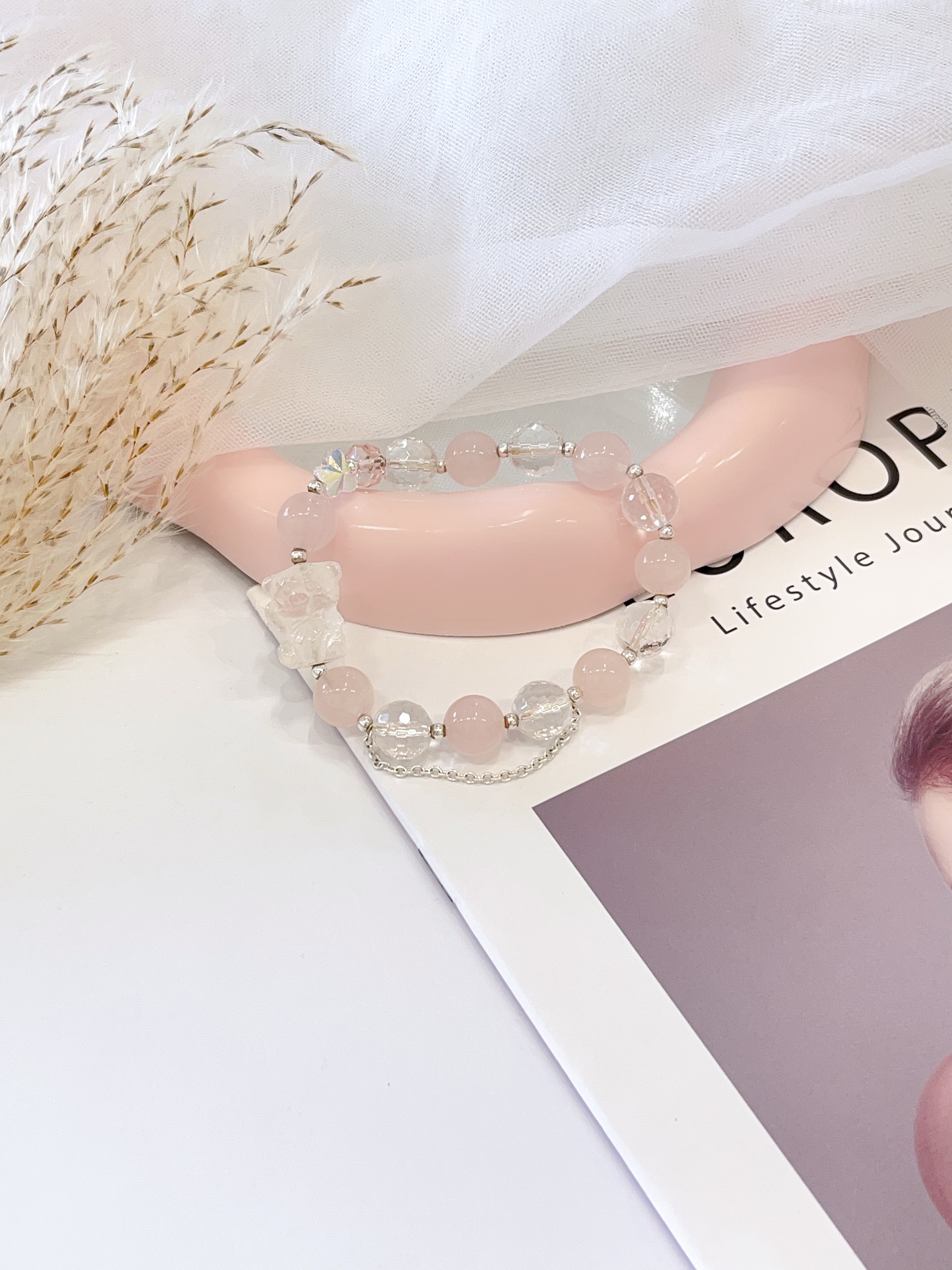 🤍 切割白水晶 × 粉水晶 × 白水晶小熊手串 Faceted Clear Quartz, Rose Quartz & Clear Quartz Bear  | 10mm