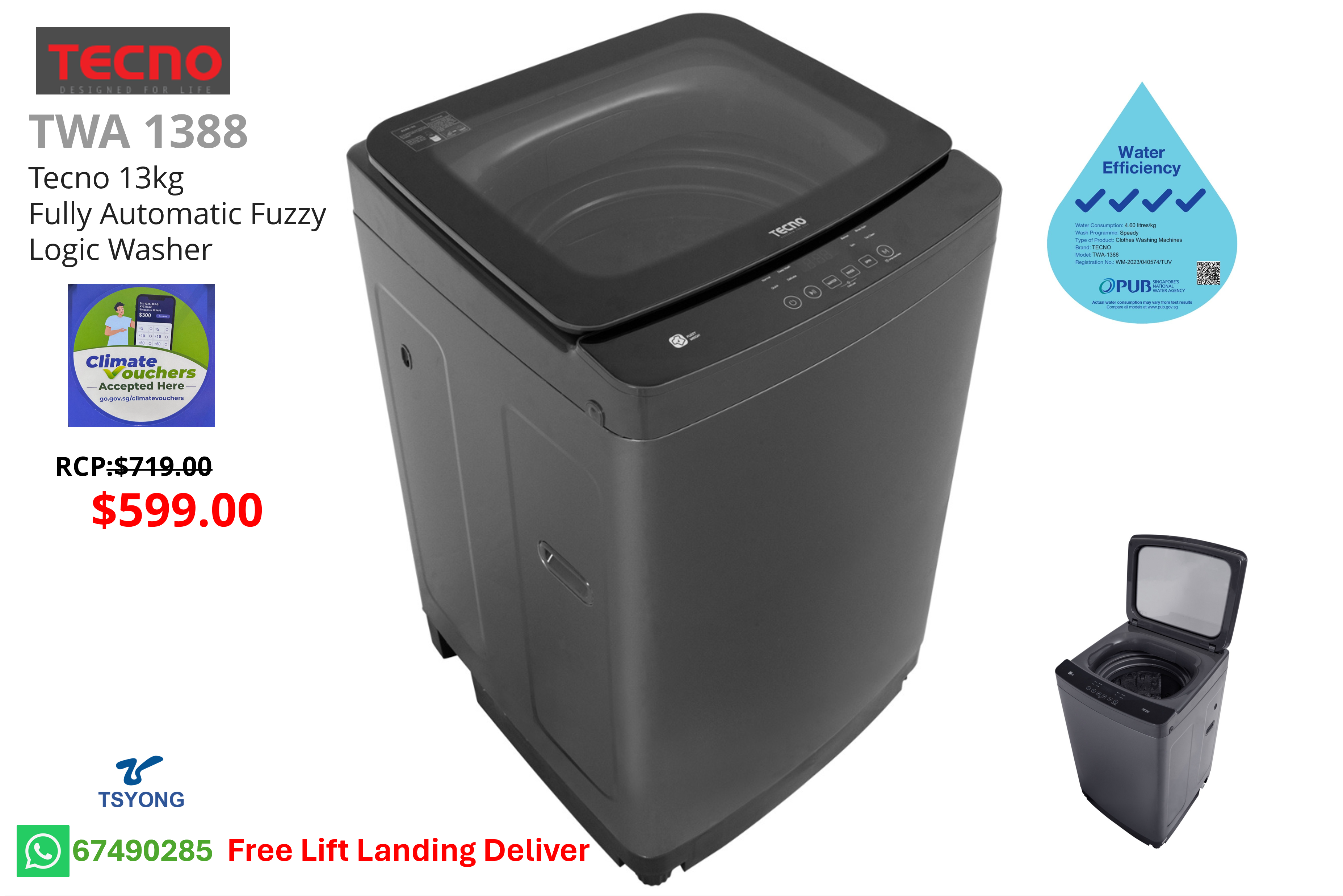 TWA 1388 Tecno 13kg Fully Automatic Fuzzy Logic Washer – 4 Ticks