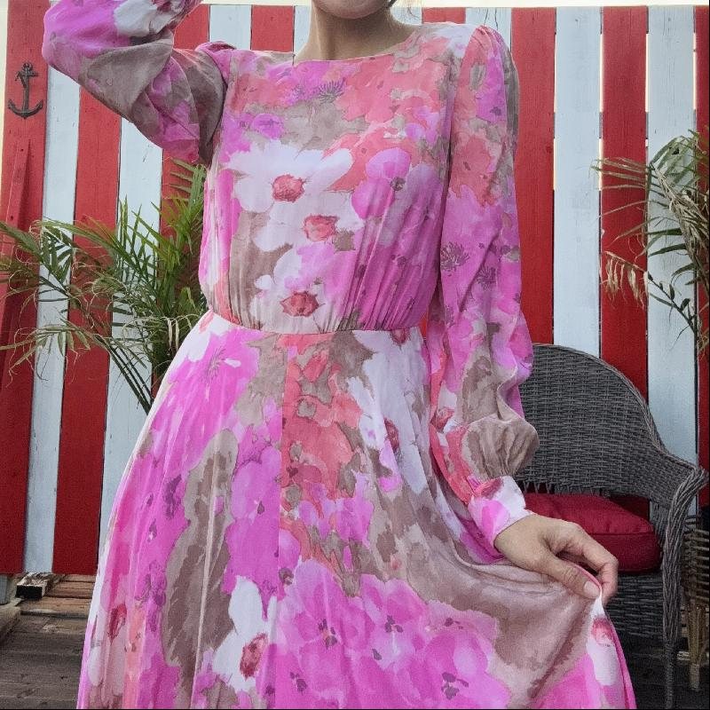 Vintage Artistic Ink Painting Floral Art Pattern Long Sleeve Light-weight Dress(MT1625)