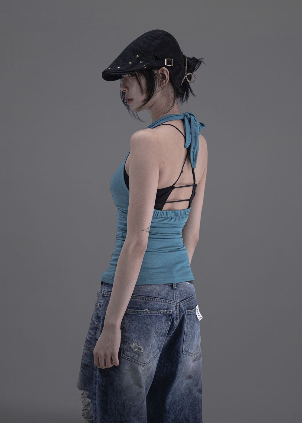 Studded Ruched Halterneck Top