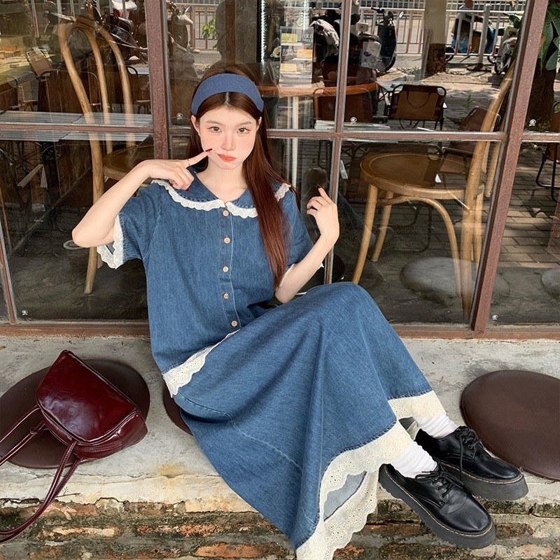 B340(8150) 韩版JEANS甜酷减龄风娃娃领拼接蕾丝边上衣与长裙蓝套装