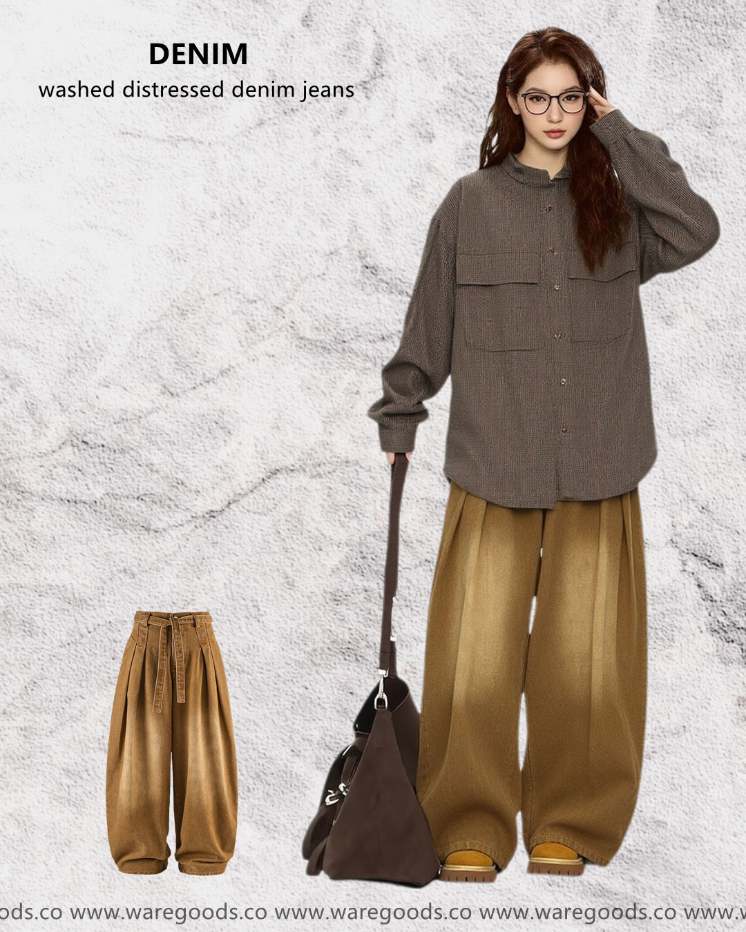 W35757水洗腰繩垂感牛仔褲