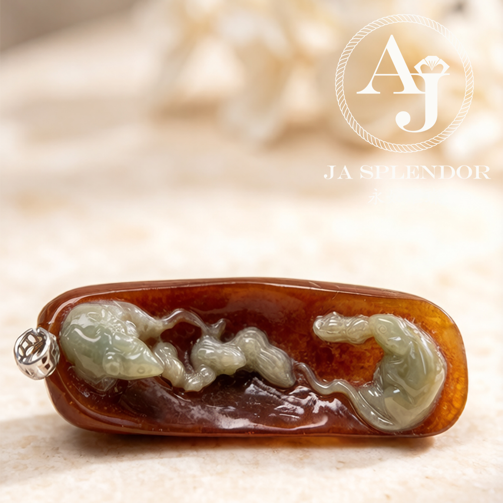 JNK-303 天然翡翠A玉-特色巧雕紅翡【鼠】鴻運數錢招財進寶18K吊墜