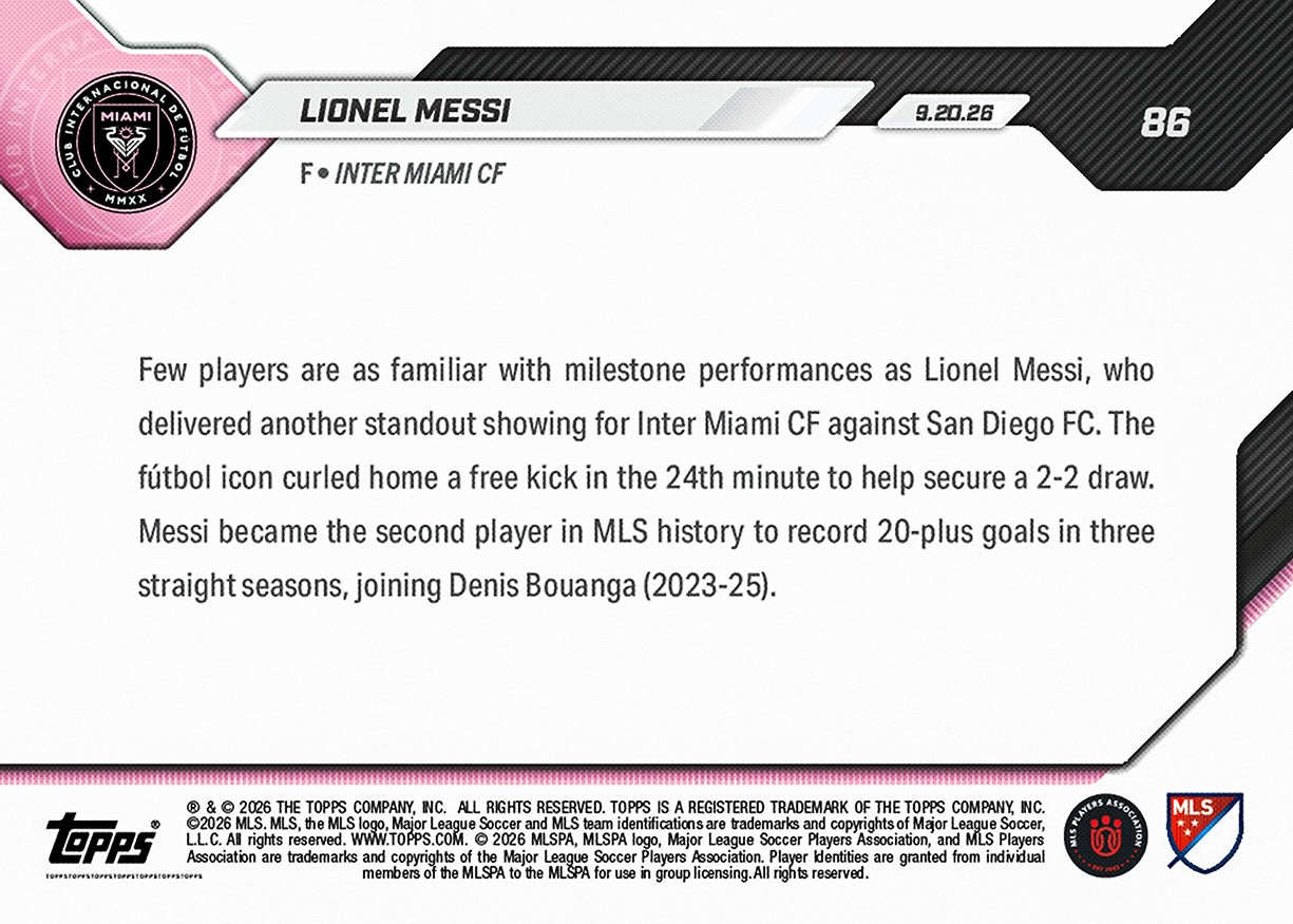 Lionel Messi - 2026 MLS Topps NOW #86 連續三季20+入球紀念卡【團購】