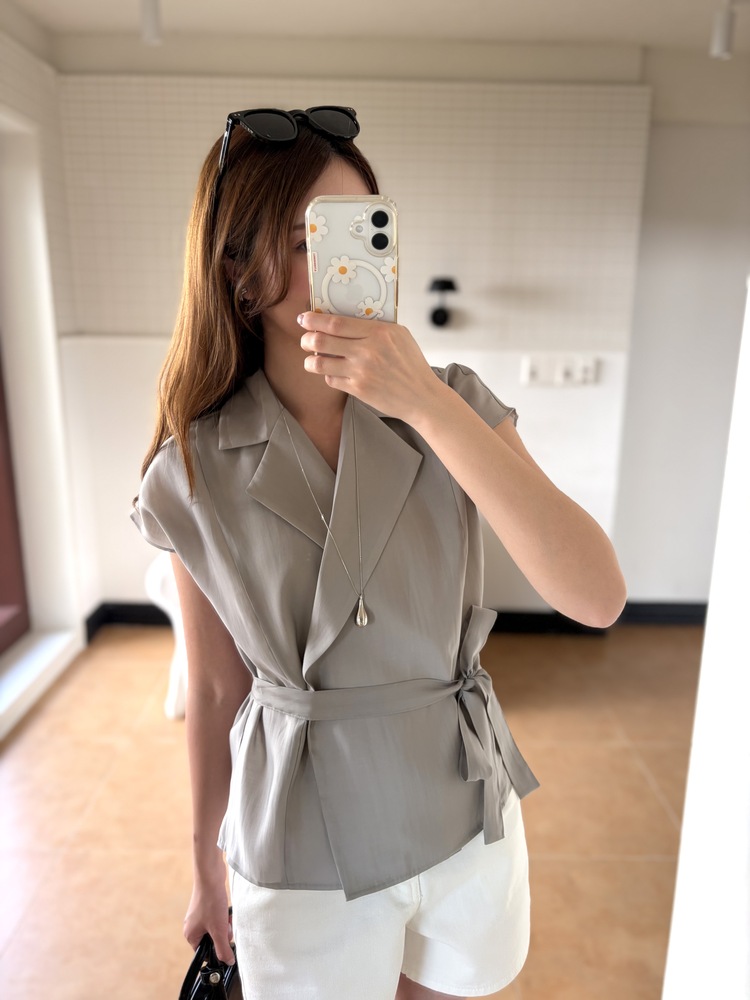 Silky Belted Wrap Blouse (Grey)