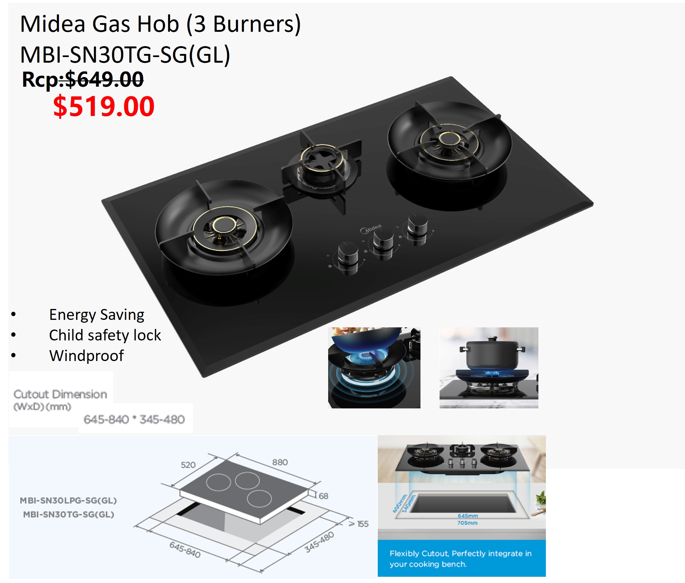 Midea Gas Hob (3 Burners) MBI-SN30LPG-SG(GL)