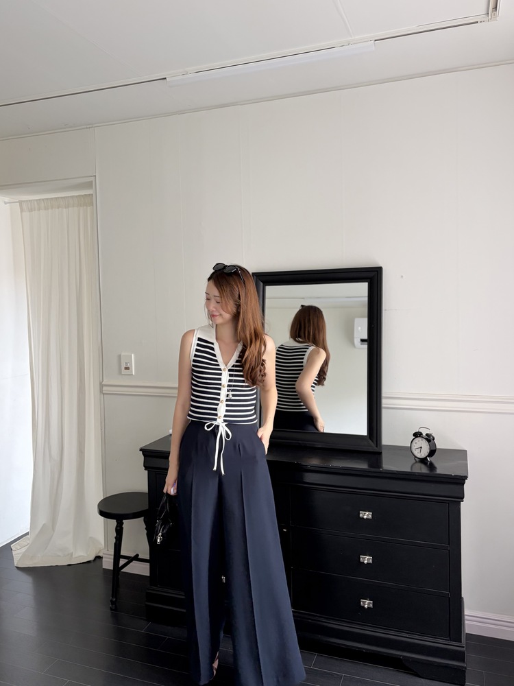 [超涼!!] Contrast Belt Wide Leg Slacks (Navy)