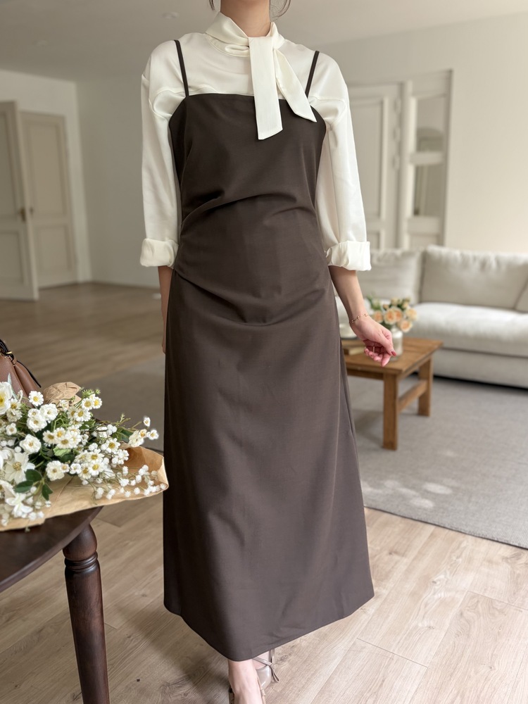 Gathered Adjustable Cami Dress (Brown)