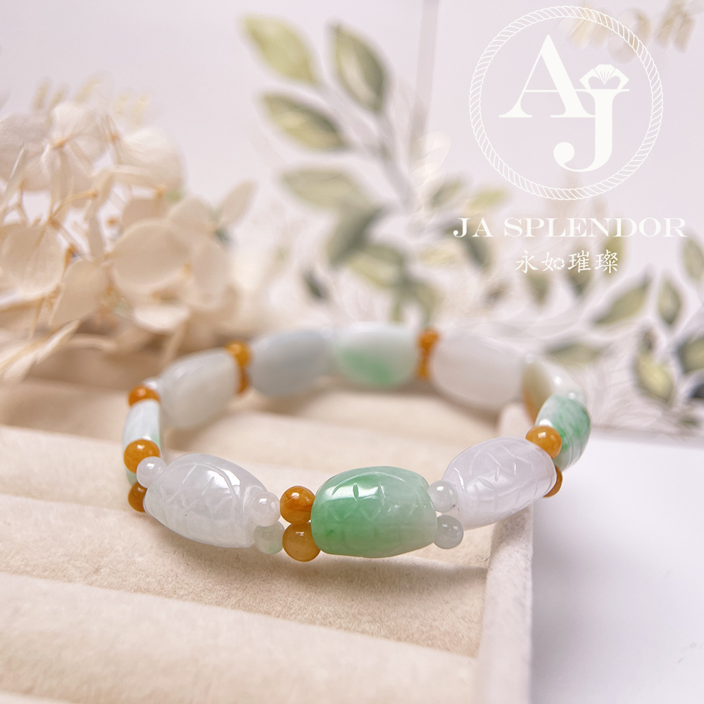 OF-06-C 天然翡翠A玉 - 冰潤三彩長壽吉祥龜貝手串