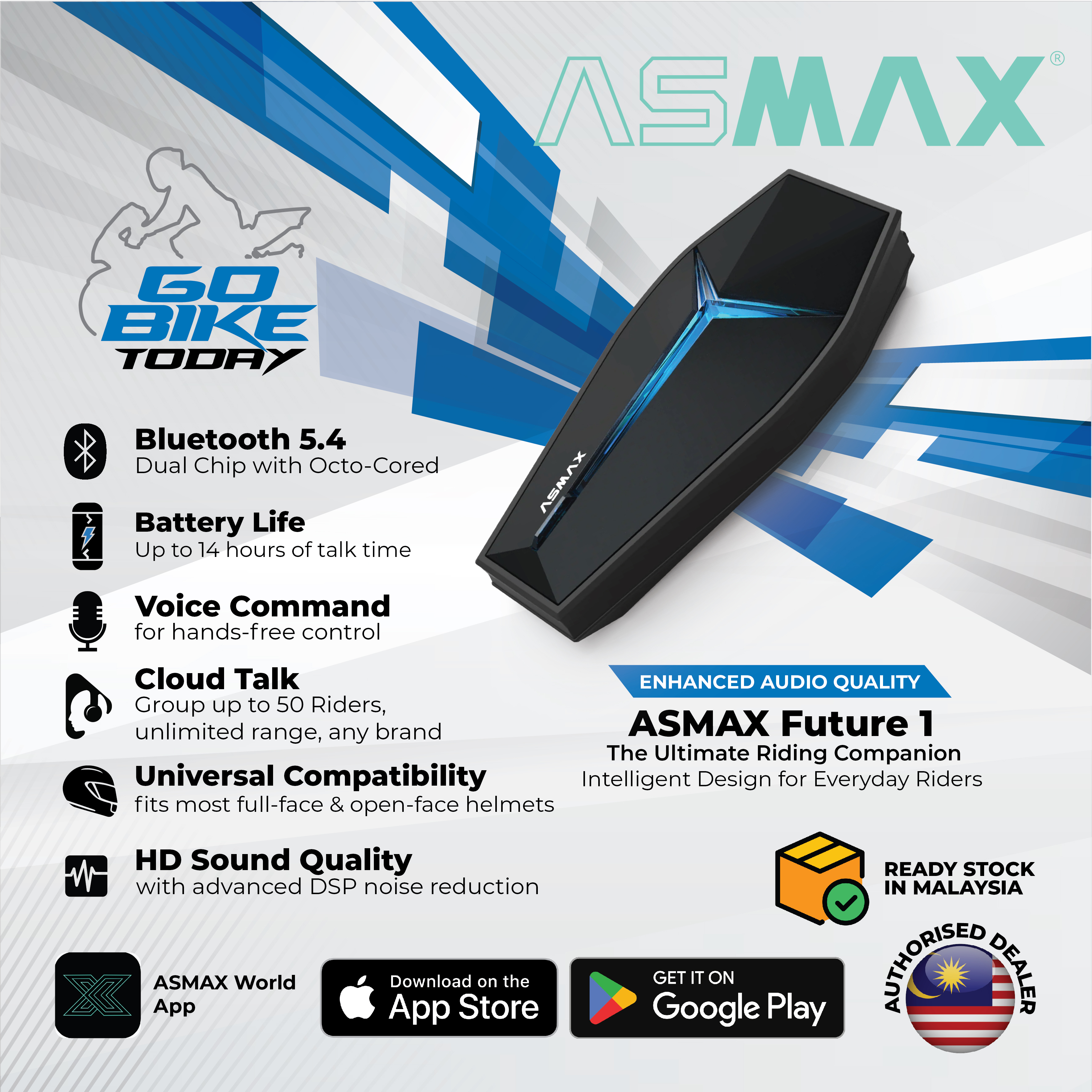 ASMAX Future 1 Mesh Intercom | Interkom Bluetooth Premium untuk Motosikal | Diluluskan MCMC Malaysia