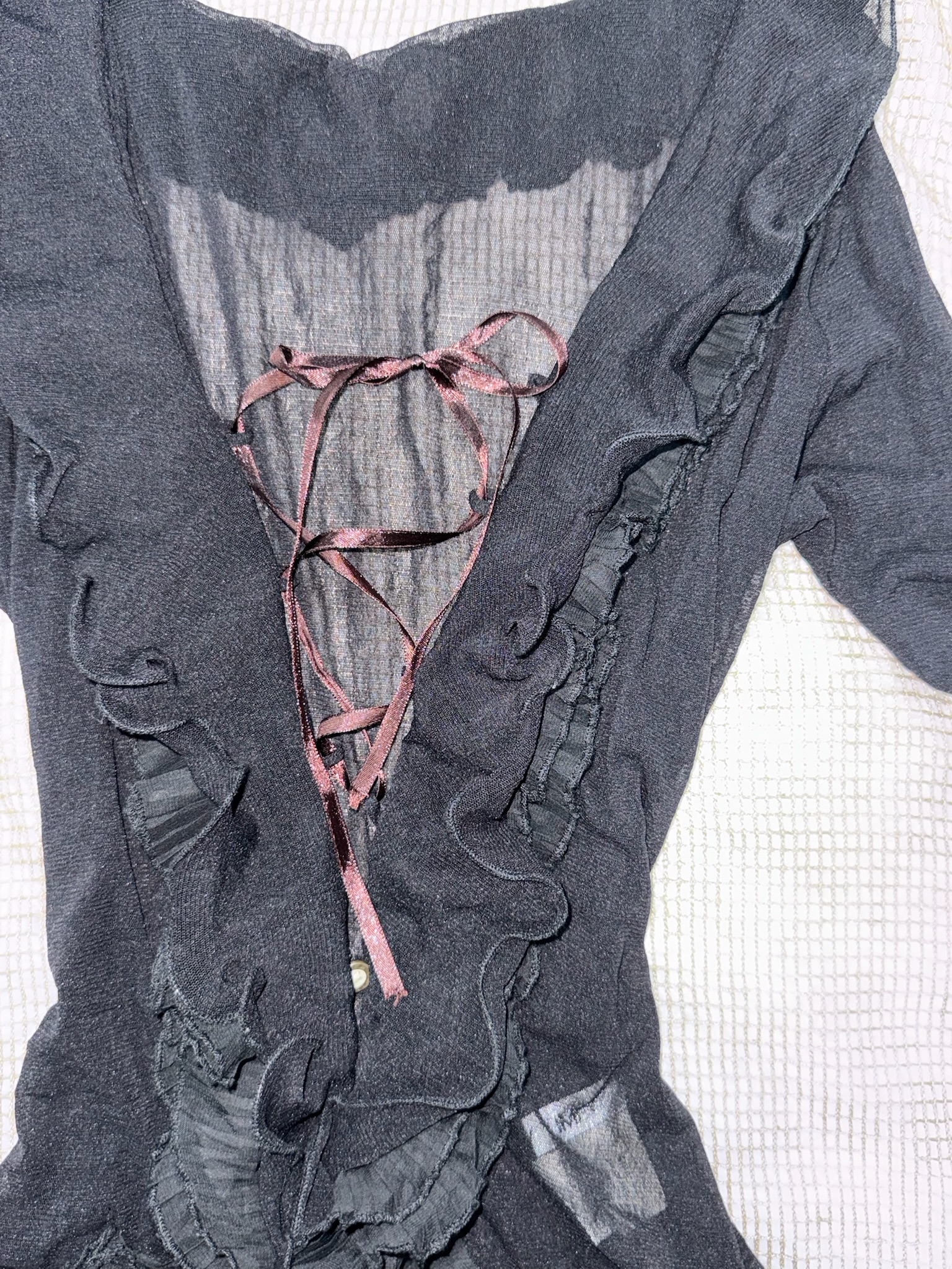 Sheer Mesh Lace-Up Ruffle Blouse