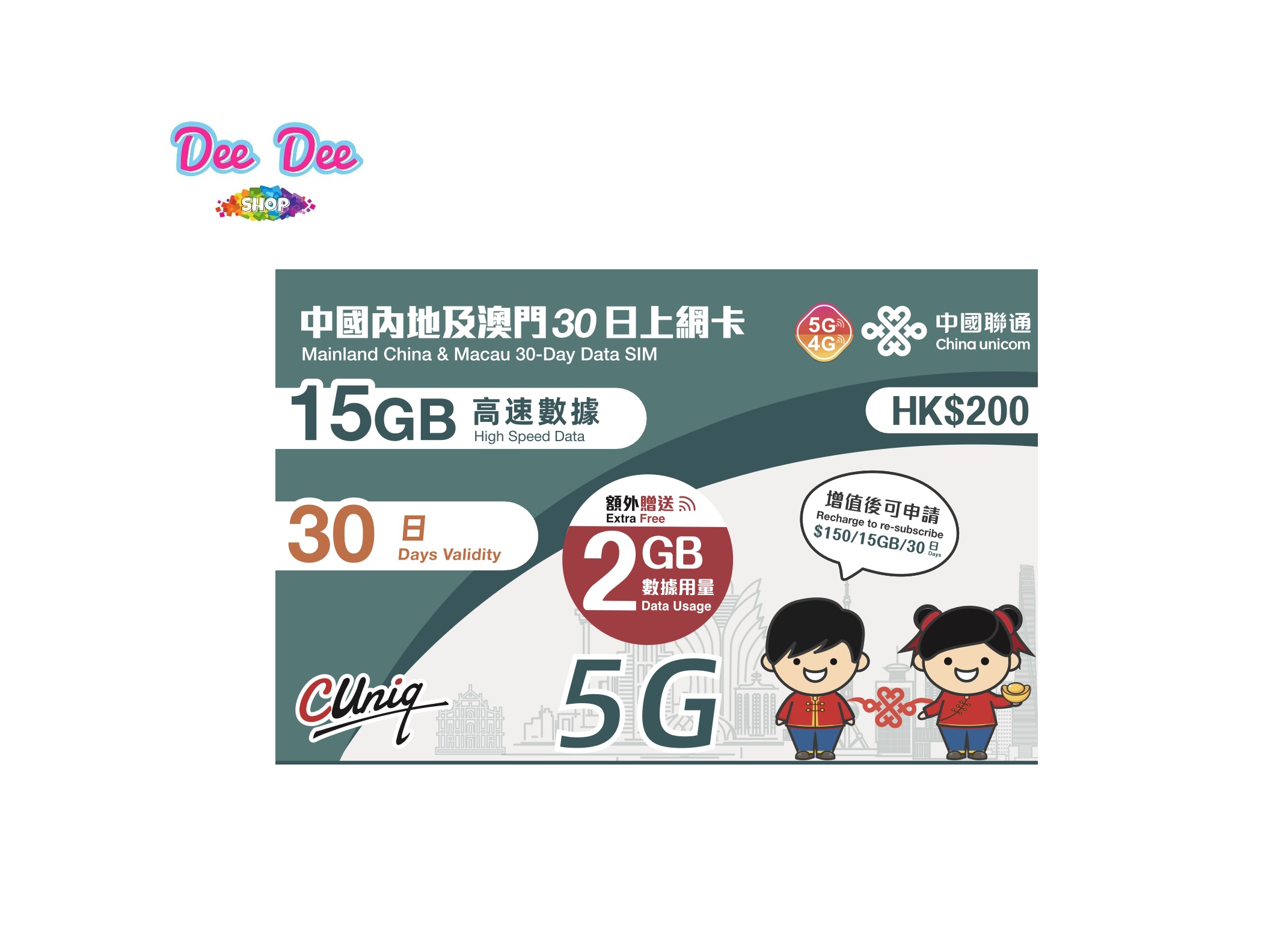 中國聯通 5G 中國內地及澳門30日20GB上網卡