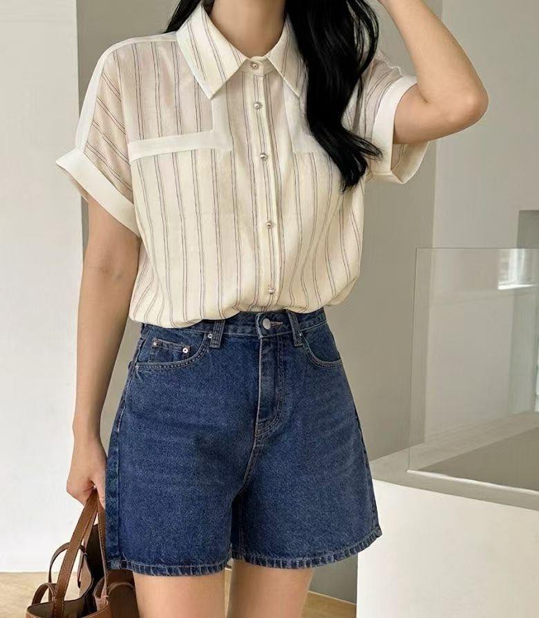 法式復古條紋短袖恤衫 