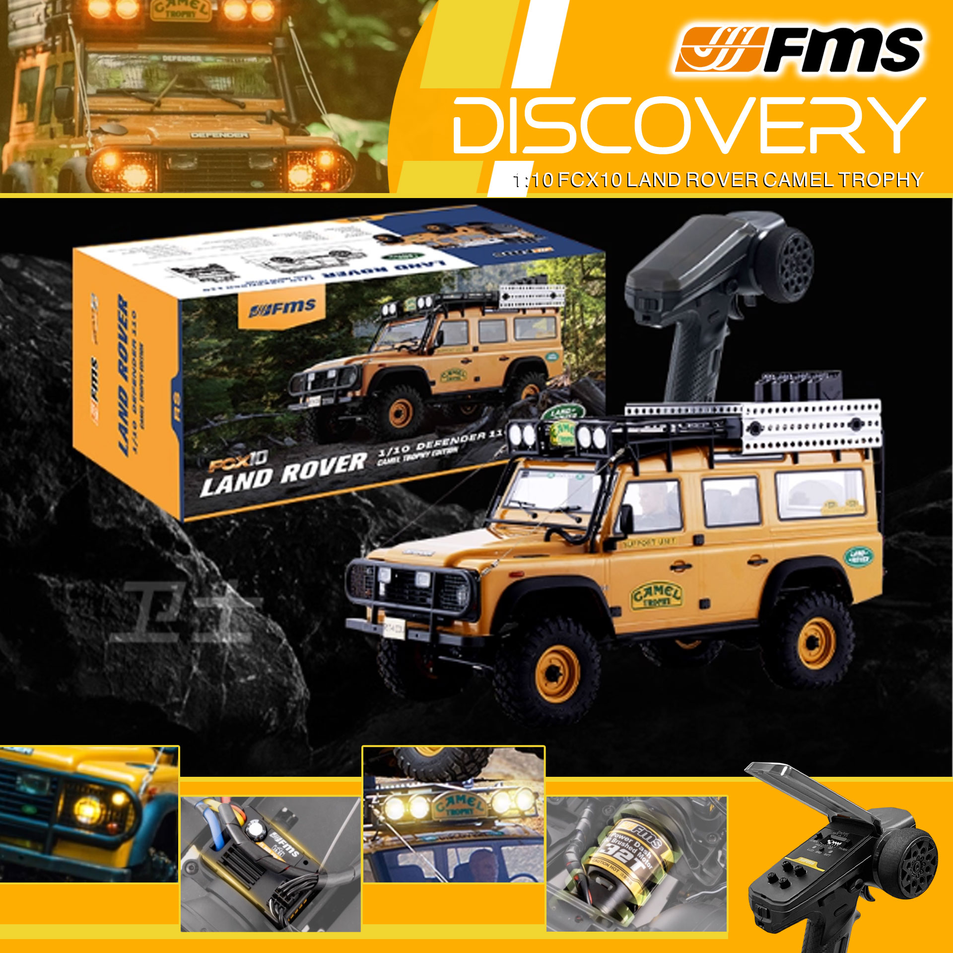 全新 FMS 1:10 Land Rover Camel Trophy Discovery 攀爬車 | FCX10 | Land Rover 授權 | 4輪驅動 | 550 32T 有刷電機 | 雙速變速機械波箱