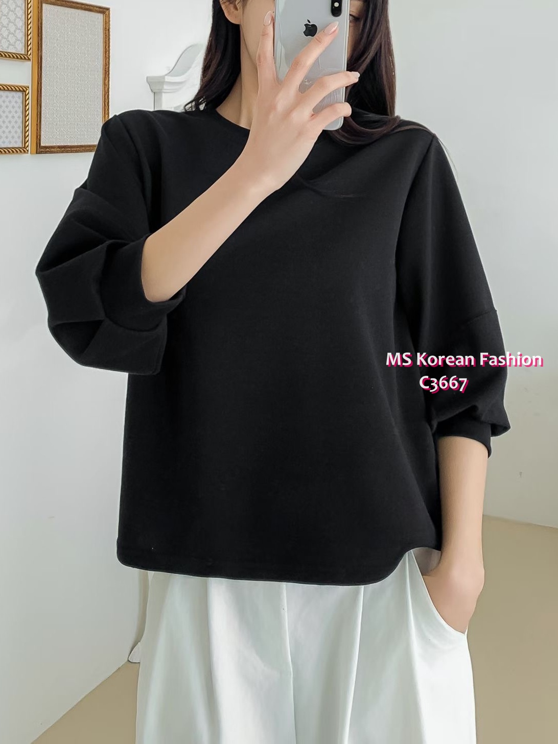 C3667 韓國🇰🇷淨色泡泡袖top