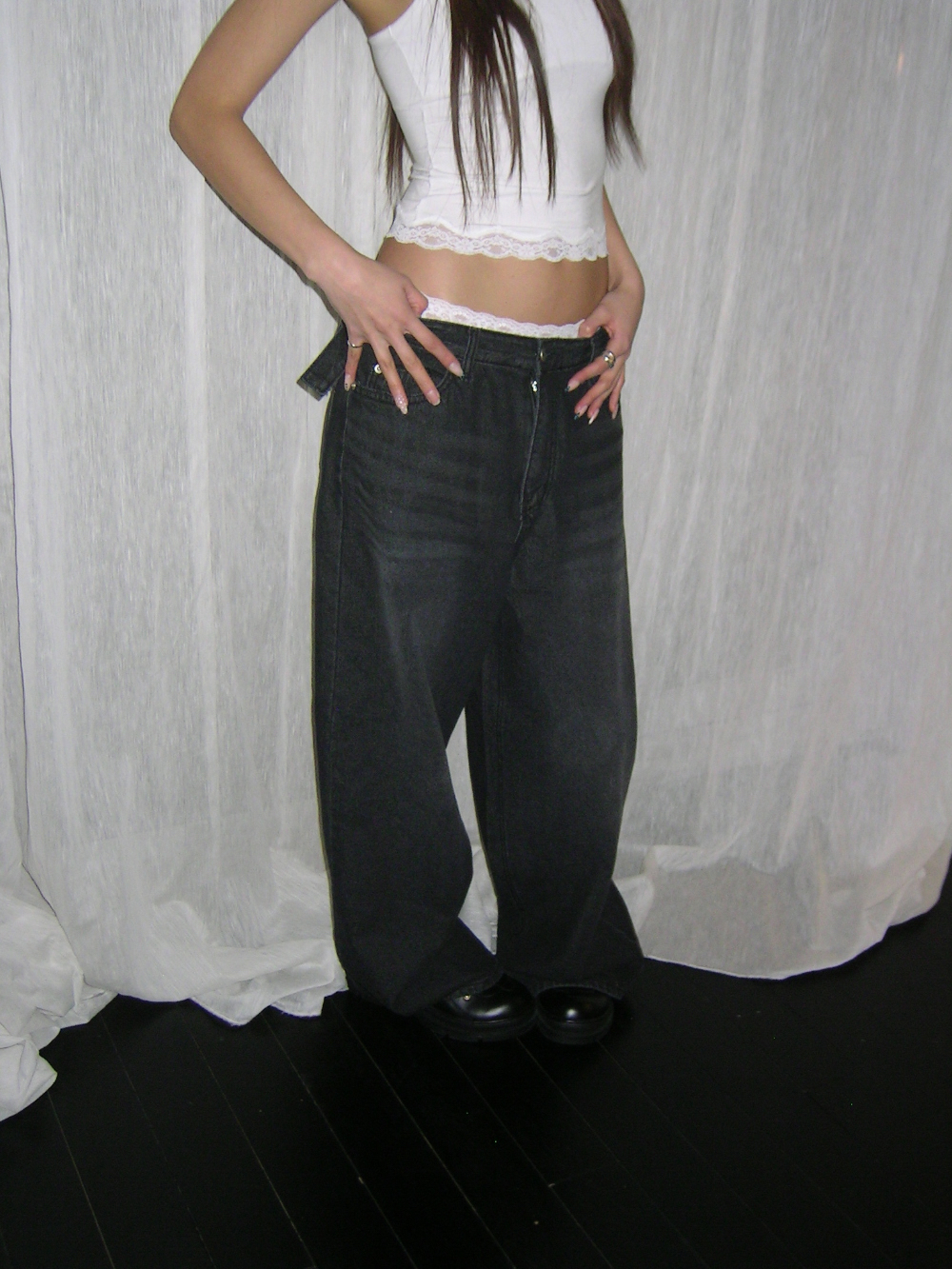 Back Buckle Wide Denim Pants