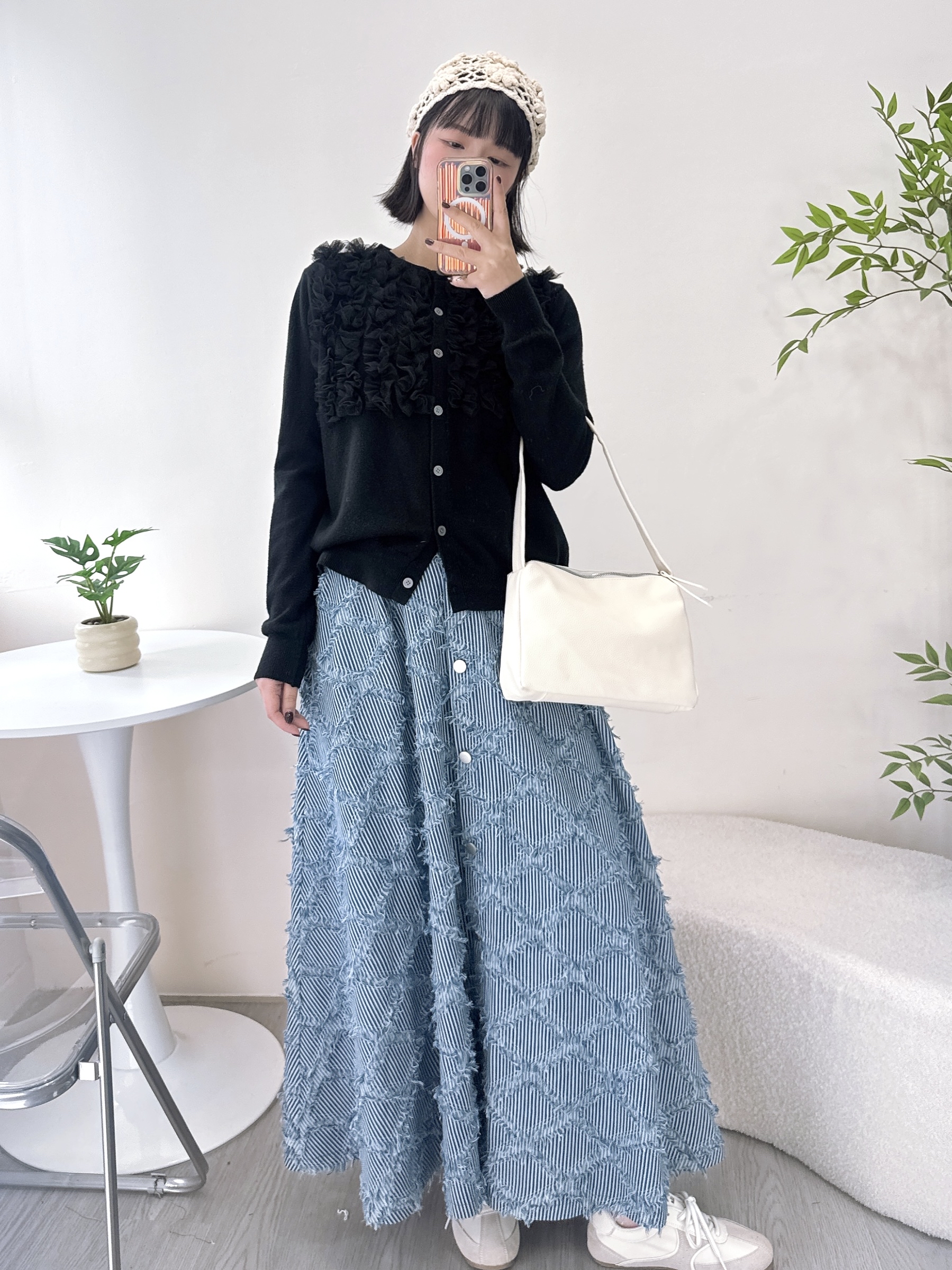 半橡筋菱格𠝹爛牛仔裙