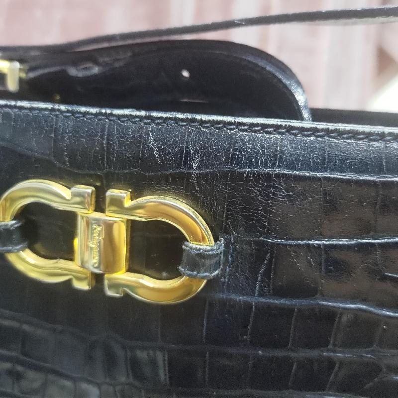 Vintage Salvatore Ferragamo Dark Blue Embossed Leather With iconic Gancini Hardware Large Two Way Shoulder / Crossbody Bag (MT1815)