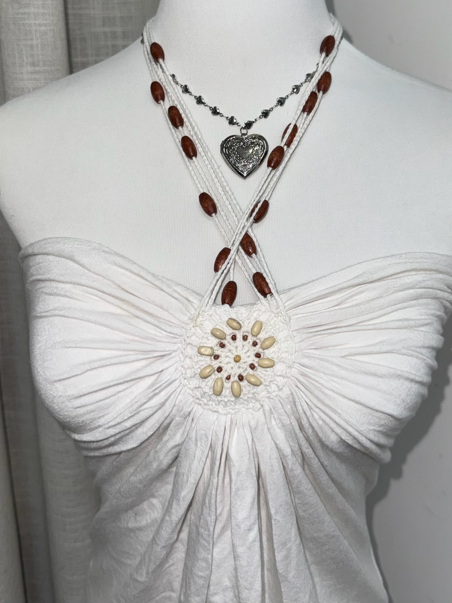 White Halter Neck Top with Center Beaded Sunburst Detail and Ruching