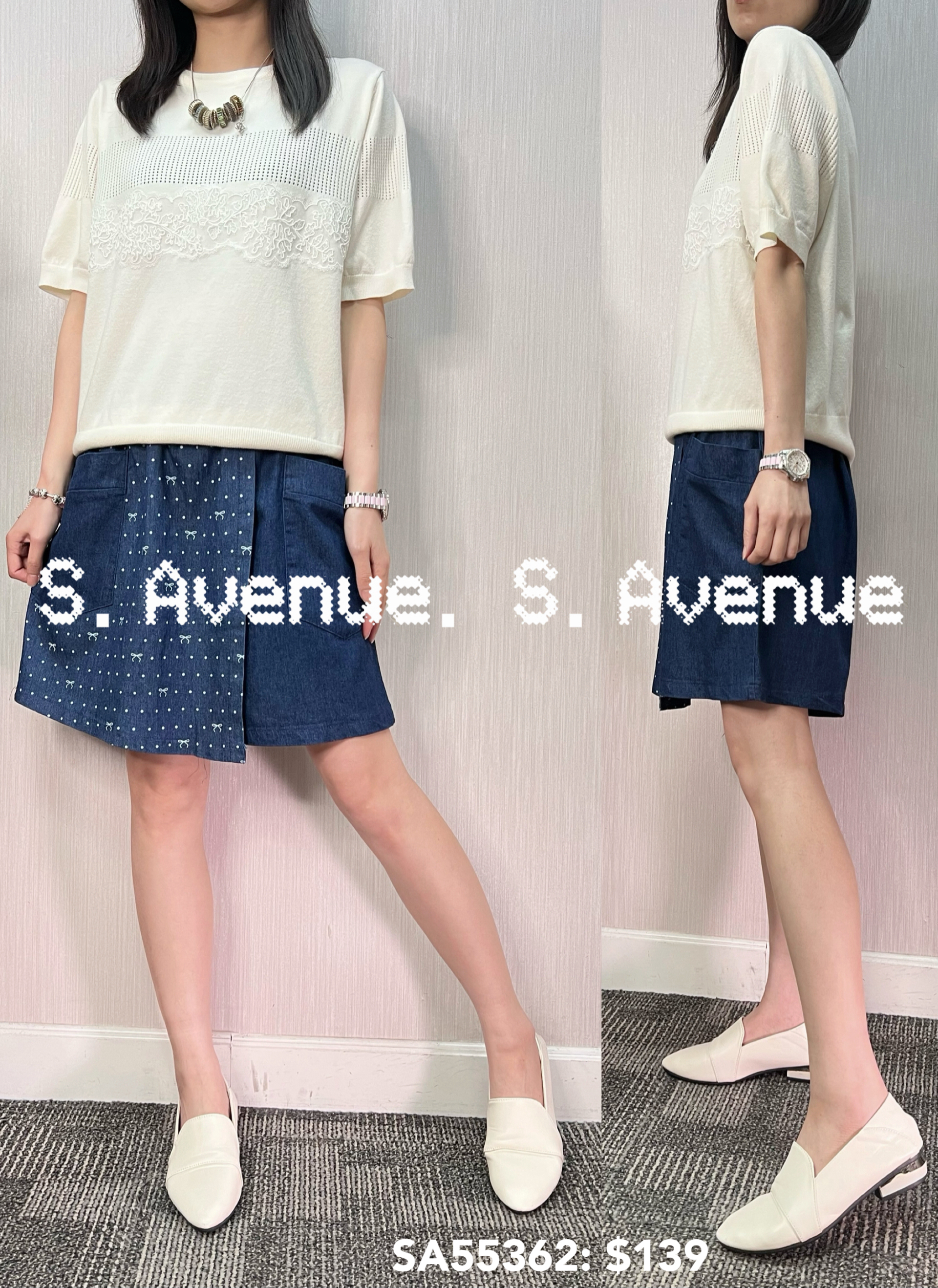 SA55362: 短袖拼lace通花線top