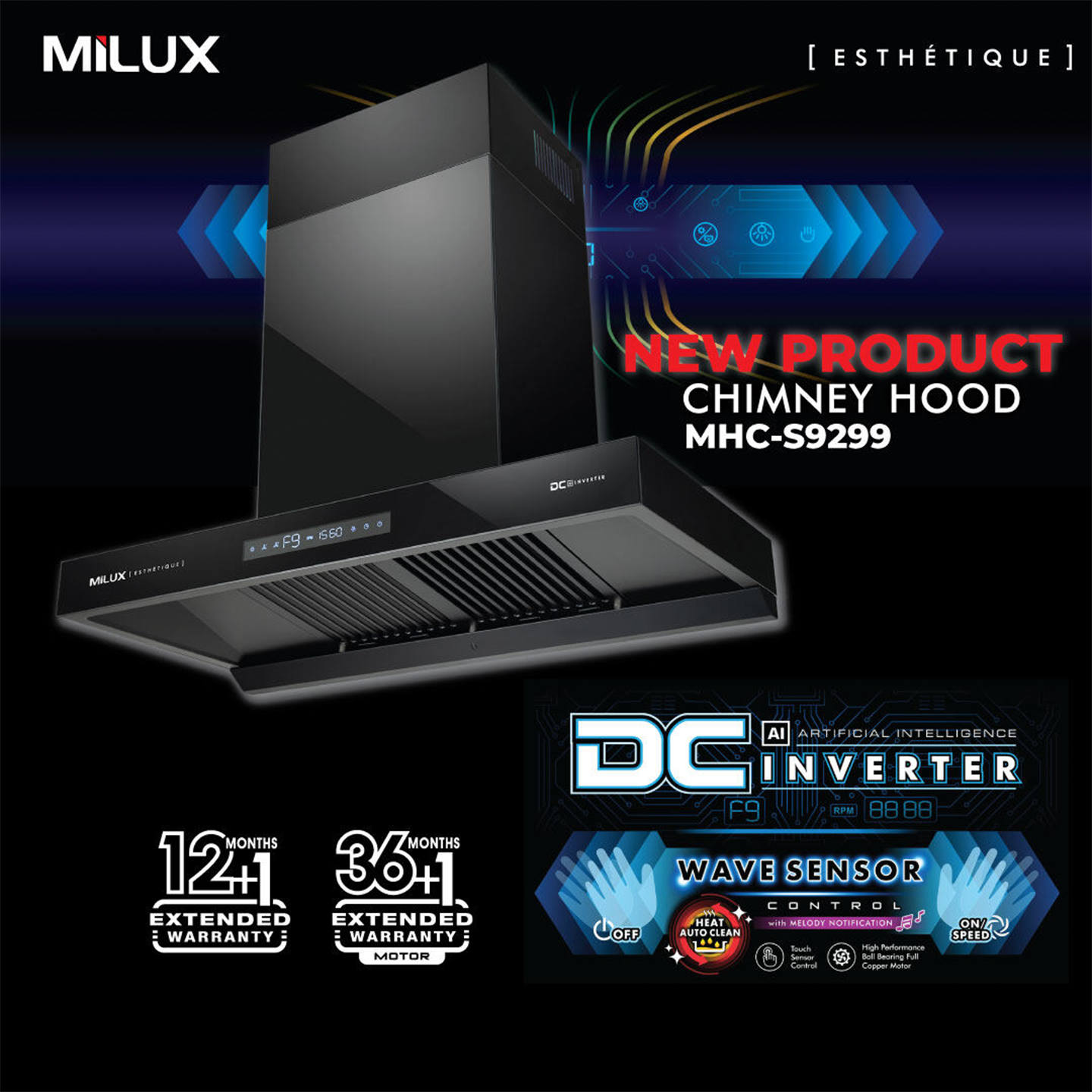 Milux 1500m³/hr Esthetique Chimney Hood (MHC-S9299)