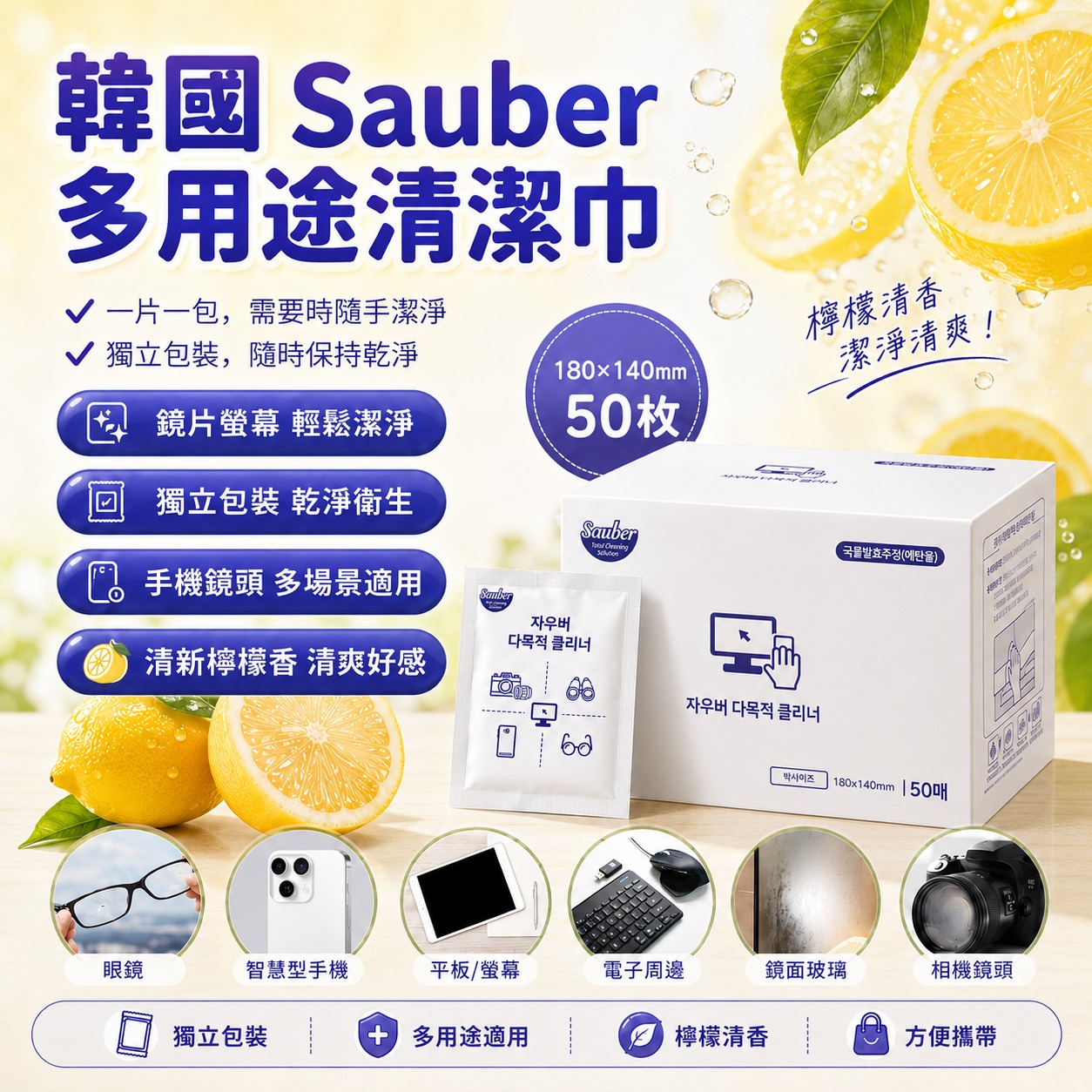 【預訂】韓國 Sauber 多用途清潔濕巾 (1盒50片)