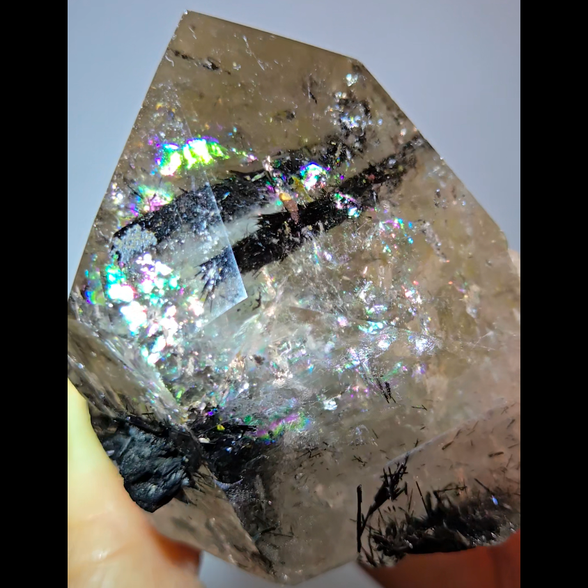 Black tourmaline inclusion smoky quartz with rainbows - RT1457