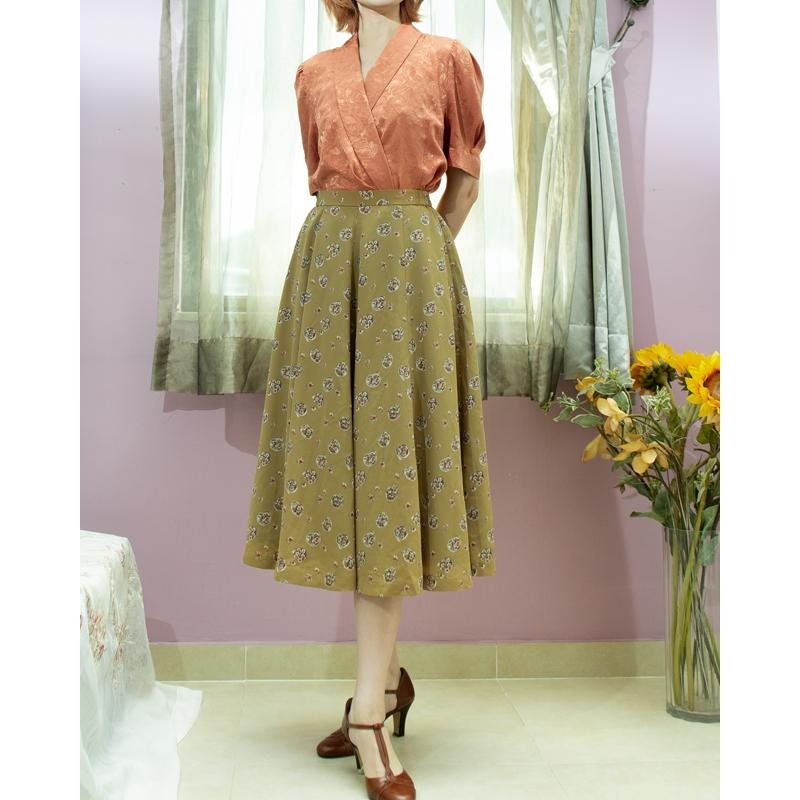 Vintage Japanese Bouquet Pattern Summer 8-Panel Swing Skirt - Waist 26~28" (MT1606-56)