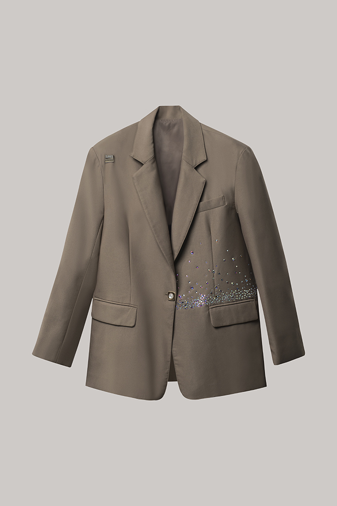 Taupe Crystal-Embellished Tailored Blazer
