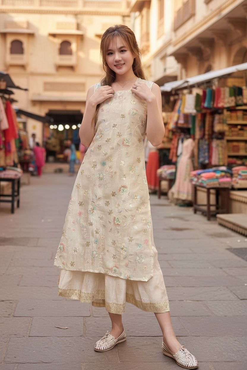 Beige gold full emb. set of 2 sleeveless OP (inner 47") #1018