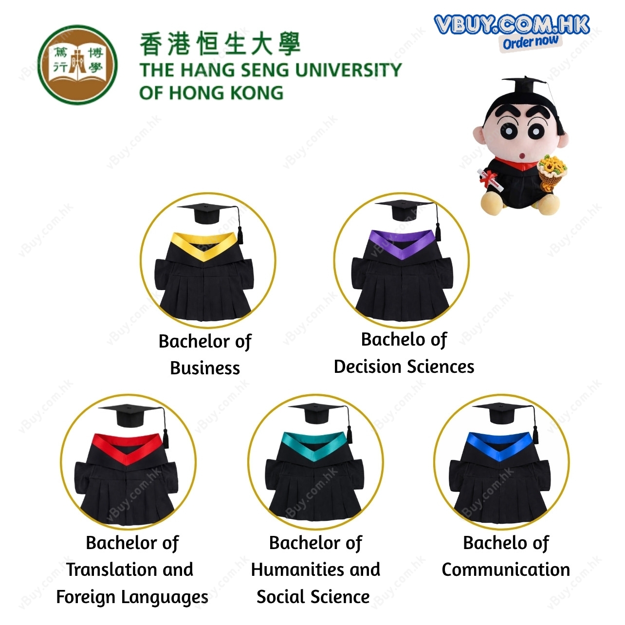 vBuy 訂製香港恒生大學公仔畢業袍  恆大HSUHK公仔畢業袍 可加綉字 加綉名獨一無二