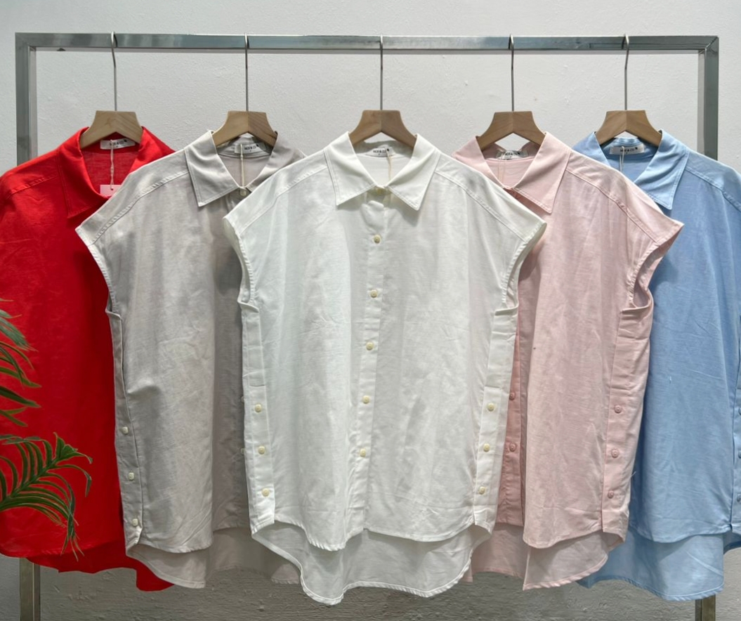 H9302 Cotton Linen Sleeve less Shirt Sleeve Button