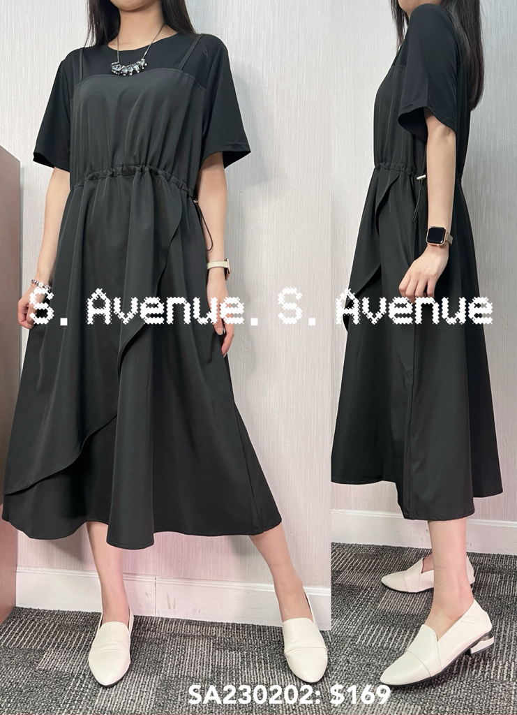 SA230202: 短袖吊帶假兩件束腰下ruffle op