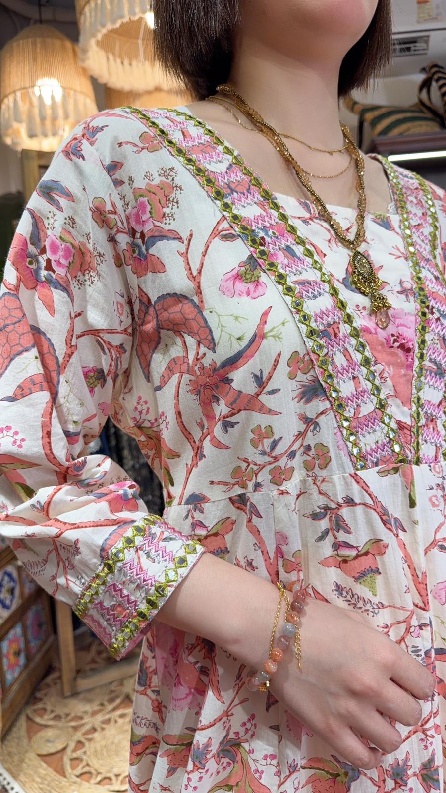 2924 Beige with Pink Floral Print with Beads Collar OP