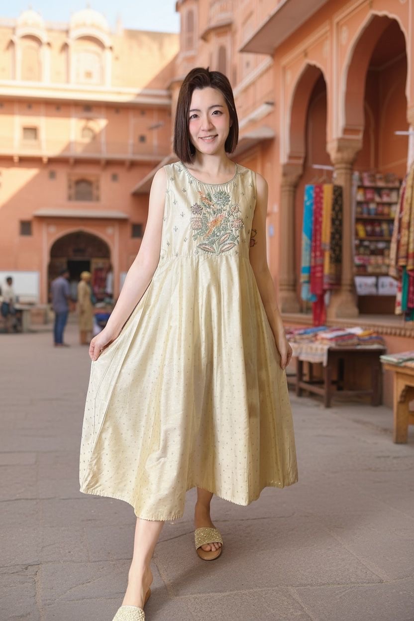 Champagne Gold with bird Emb. Pattern sleeveless OP 46" #1080