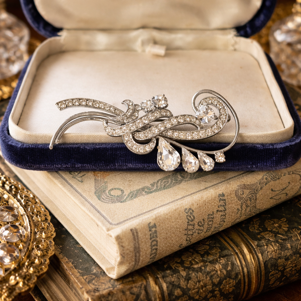 Vintage Mid-Century Czechoslovakian Scrollwork Rhinestone Brooch / Vintage Bridal Brooch (MW243)