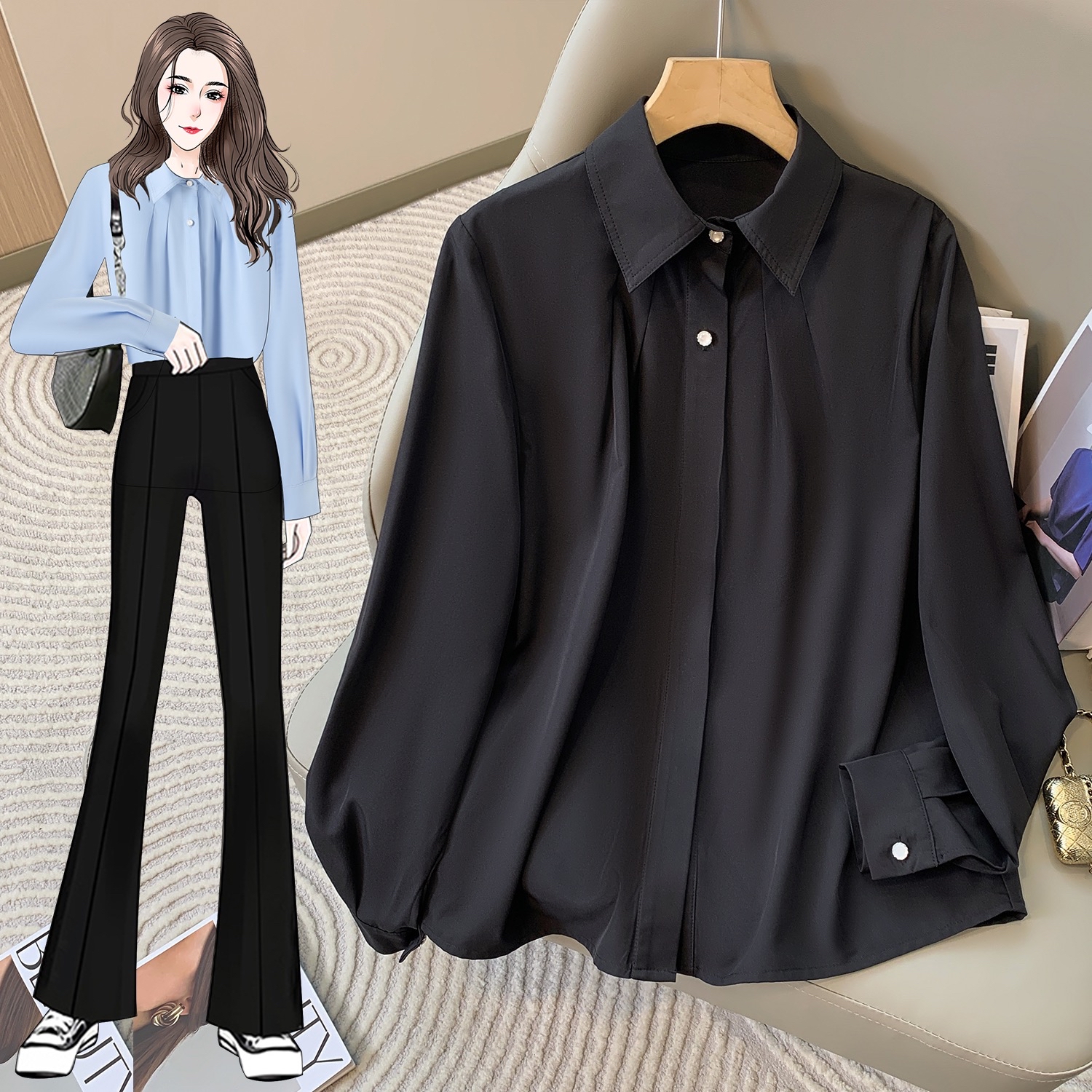 B149(66607) 韩版通勤风翻领边显瘦捏痕抗皱长袖3色衬衫上衣