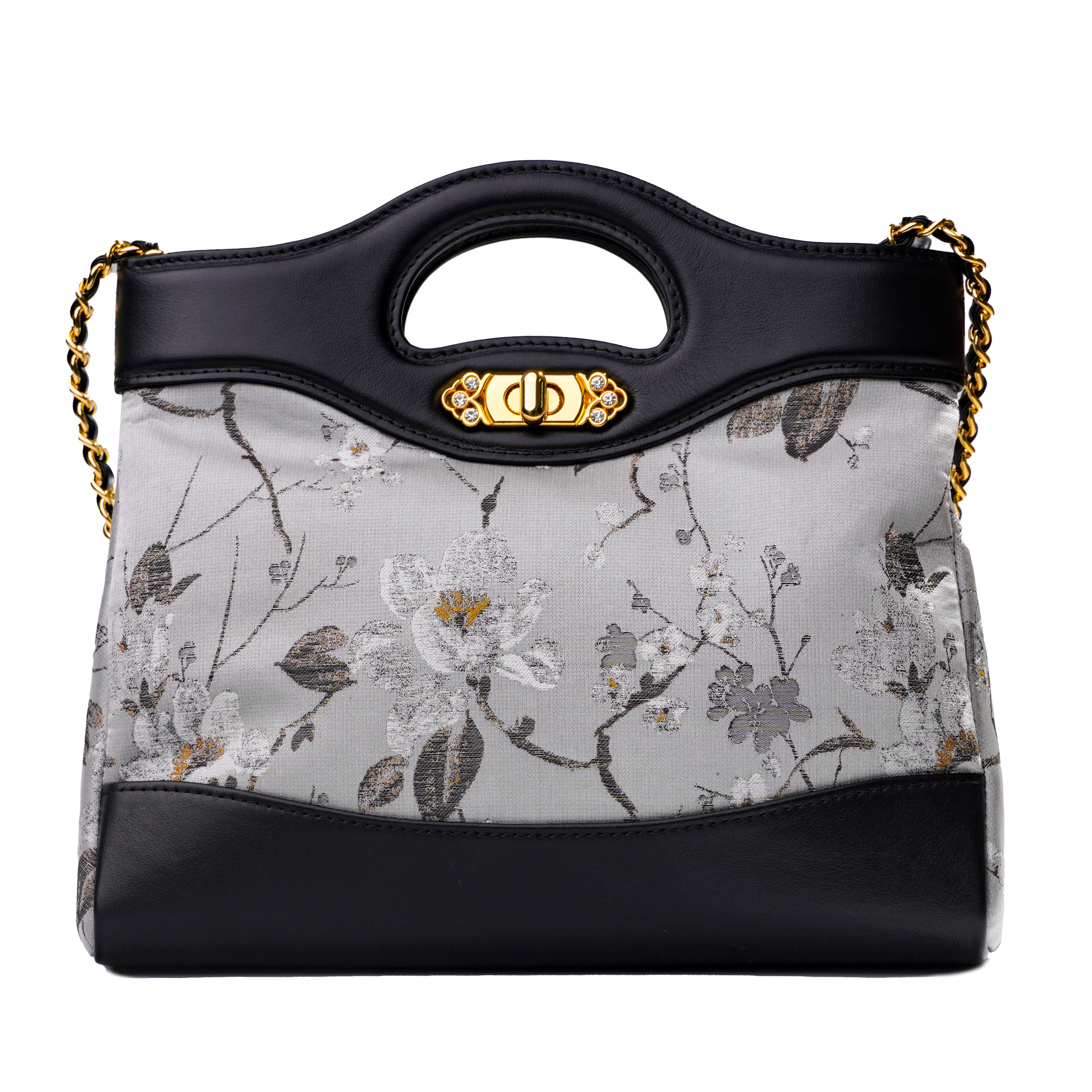 宋錦∞淺灰地梅花紋牛皮小號手袋。上久楷