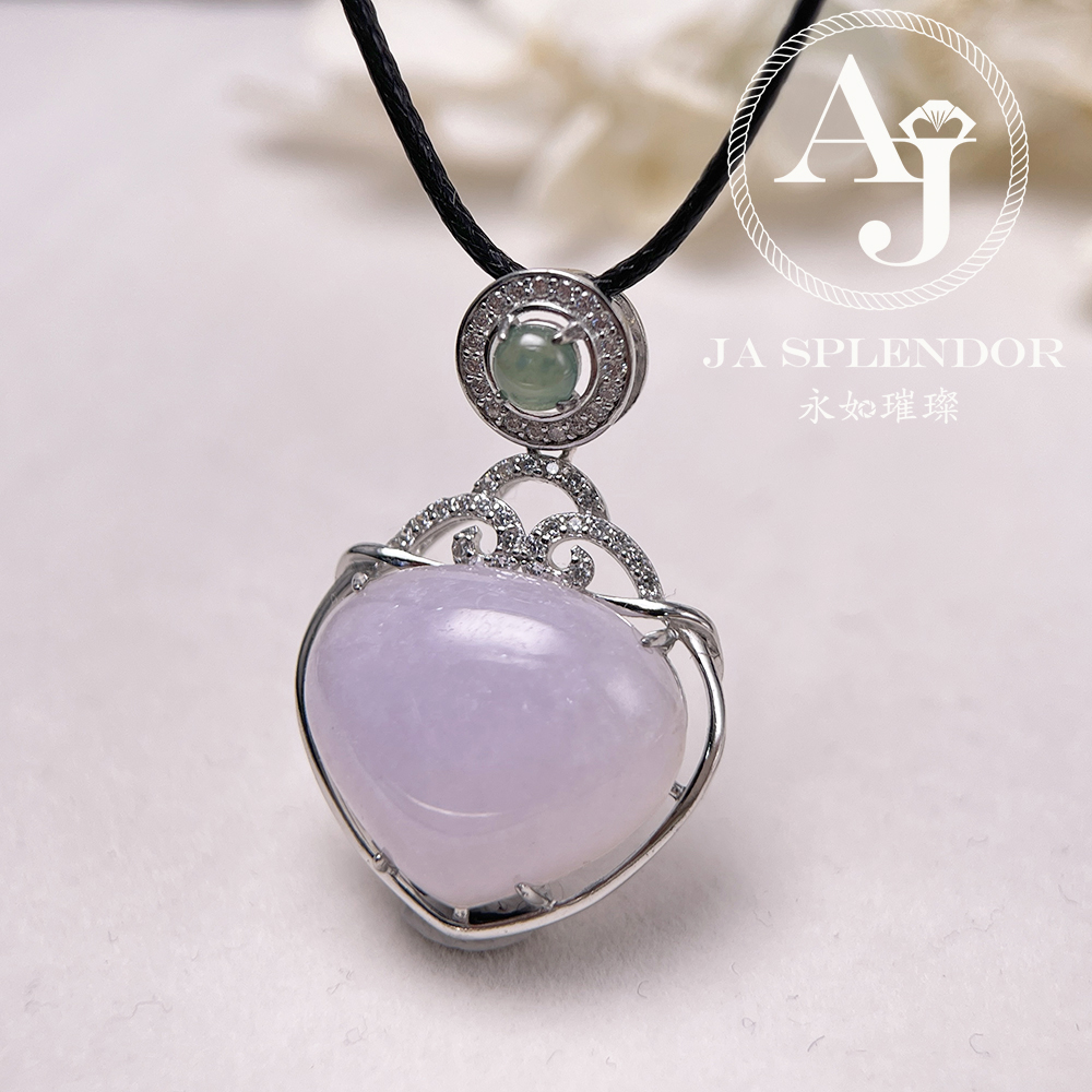 JNS-49 天然翡翠A 冰潤紫羅蘭心心相印綠色頂珠吊墜