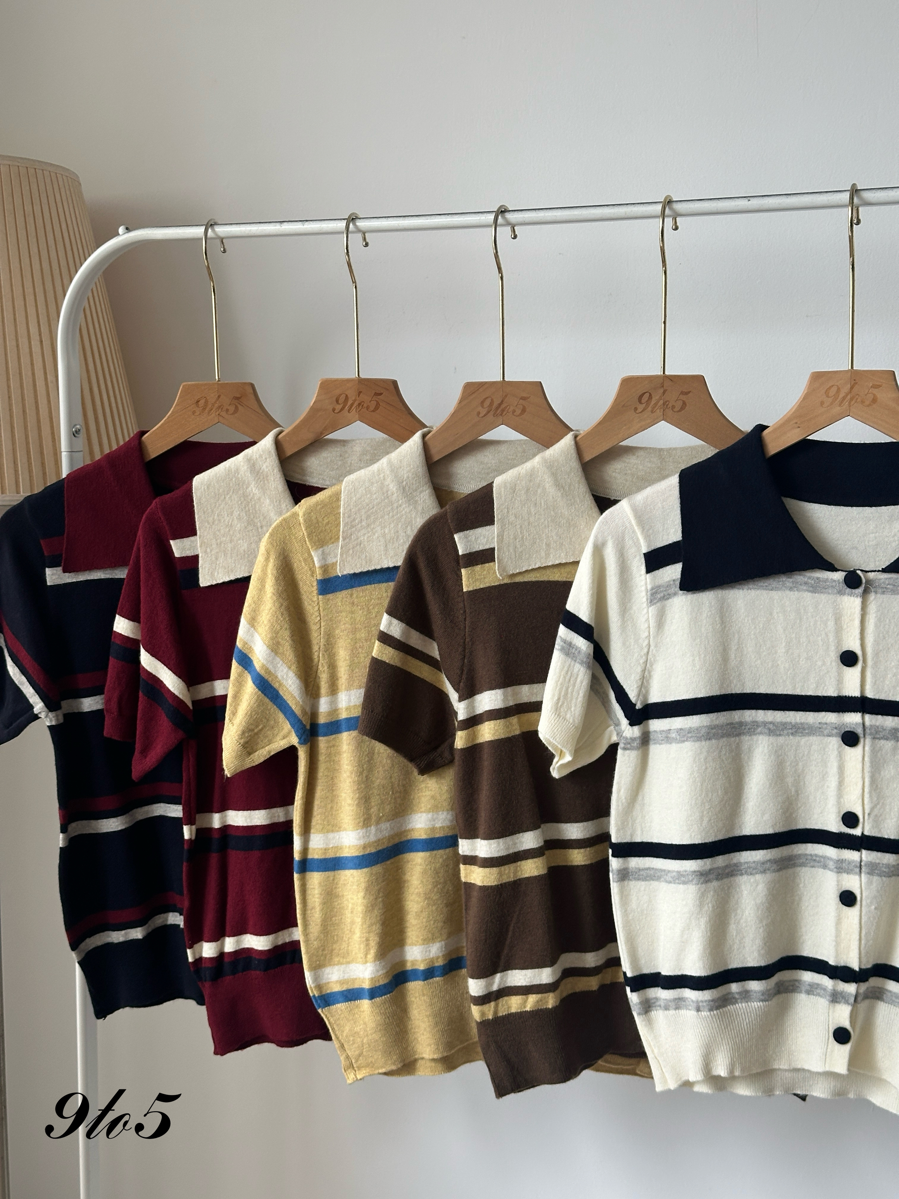 T4026 Striped Knit Polo Tee - 5 Colors