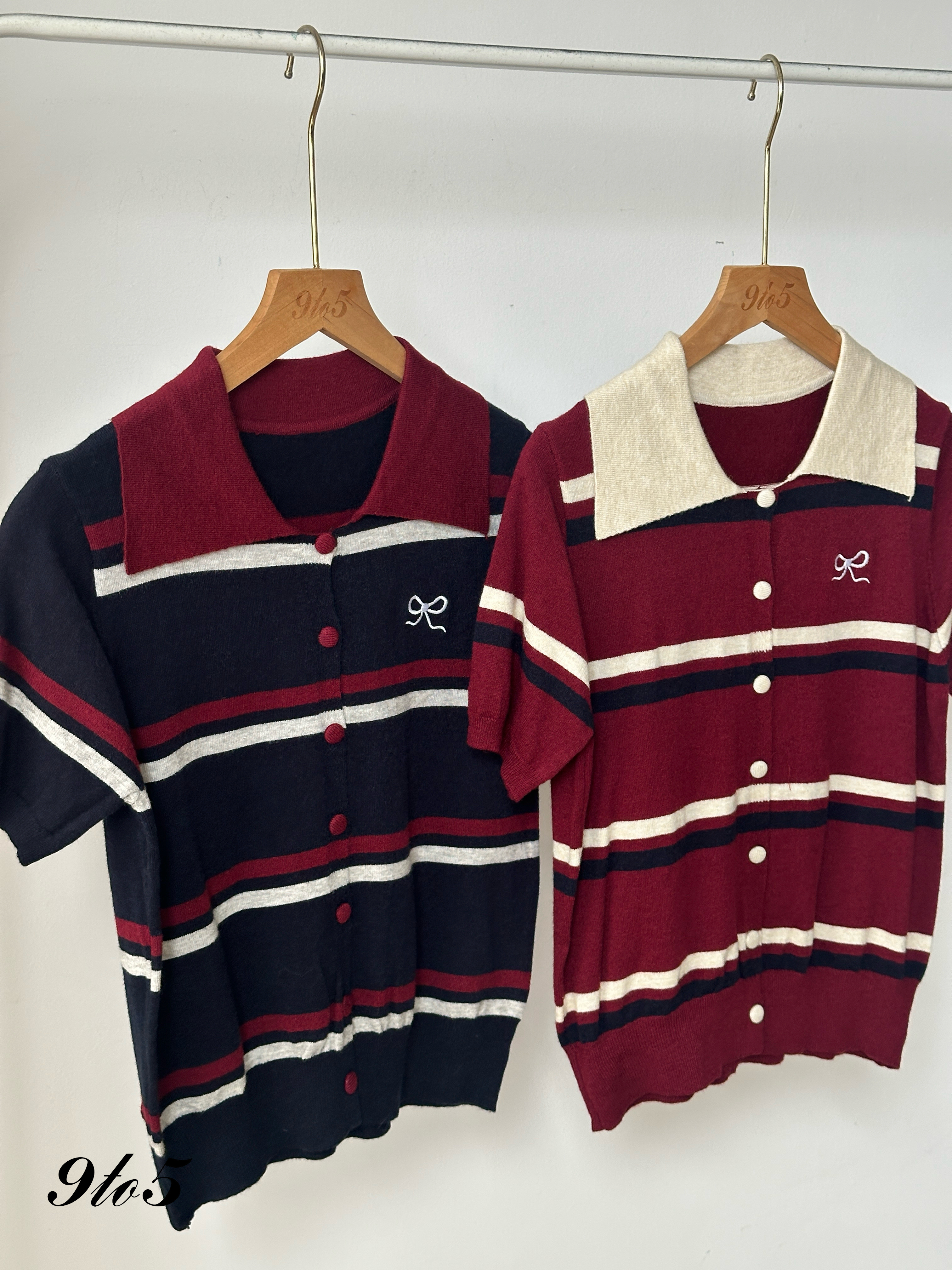 T4026 Striped Knit Polo Tee - 5 Colors