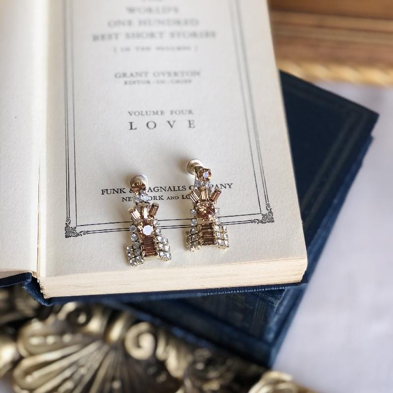 C.a. 1950-60s Canadian Keyes Handcrafted Brown Quality Rhinestone Cocktail Screwback Earrings (MT1338)