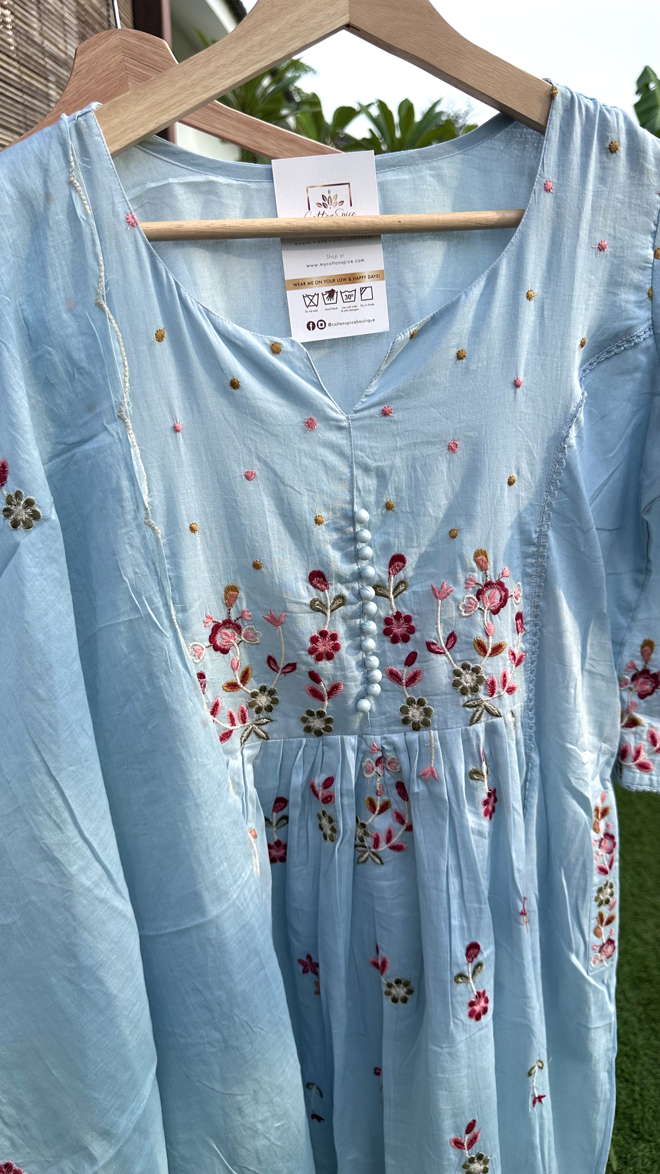 Baby Blue Embroidered Floral Print Kurta Set